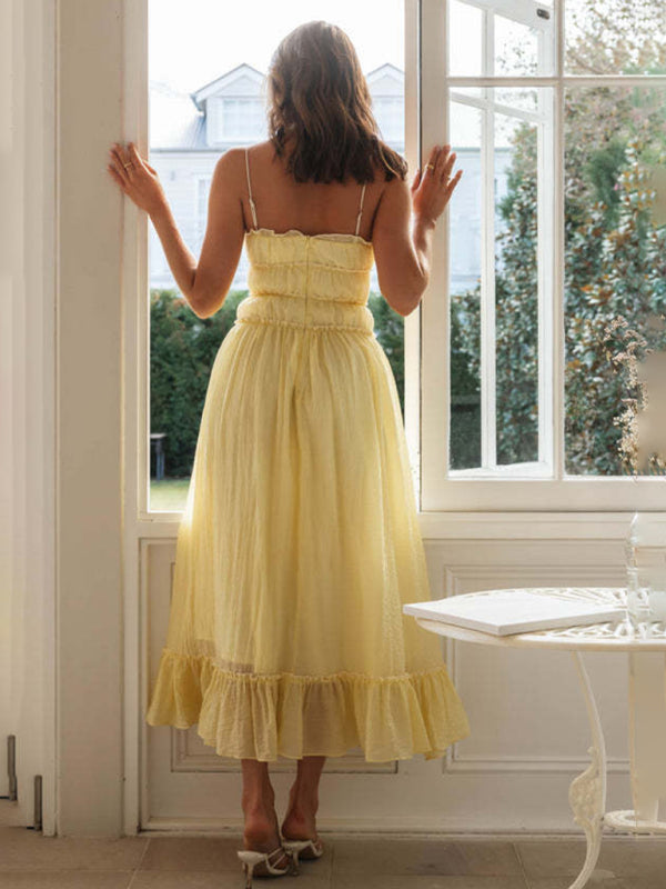 Cami Dresses- Textured Draped A-Line Smocked Bow Cami Maxi Dress- Chuzko Women Clothing