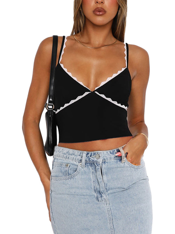 Cami Tops- Solid Contrast Lace-Trimmed Cami Crop Top- Chuzko Women Clothing