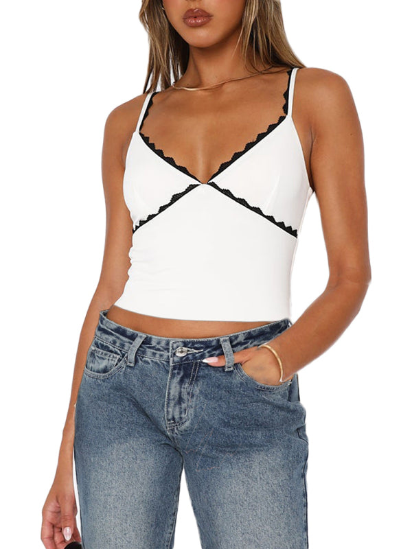 Cami Tops- Solid Contrast Lace-Trimmed Cami Crop Top- Chuzko Women Clothing