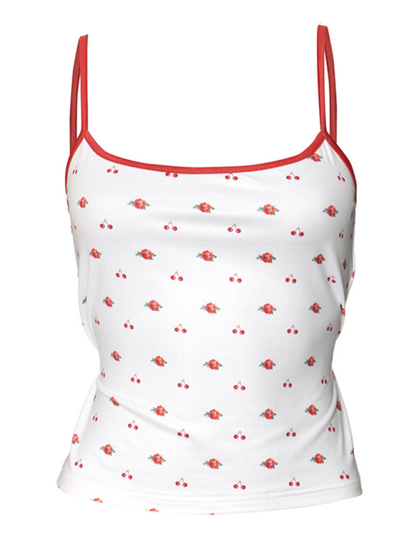 Camis- Cherry Printed Cami Tie-Back Summer Top- Chuzko Women Clothing