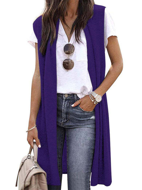 Cardigans- Solid Mid-Length Sleeveless Cardigan Vest with Open Front- Chuzko Women Clothing