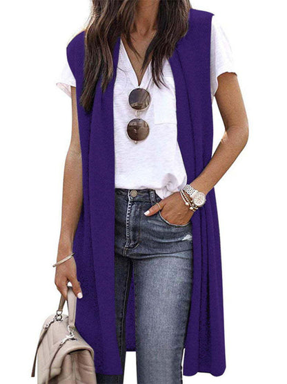 Cardigans- Solid Mid-Length Sleeveless Cardigan Vest with Open Front- Chuzko Women Clothing