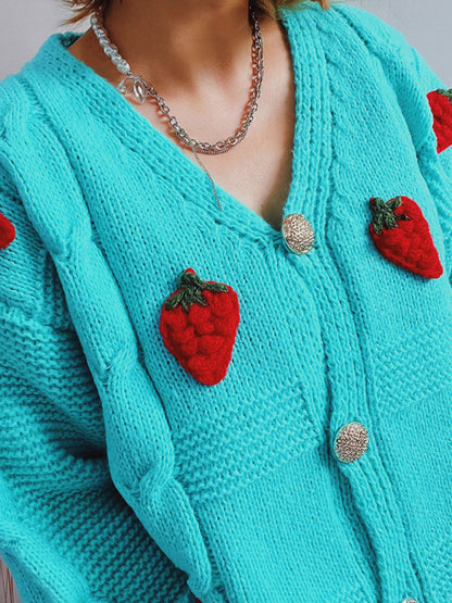 Cardigans- Strawberry Cable Knit Button-Up Cardigan with Playful Embroidery- Chuzko Women Clothing