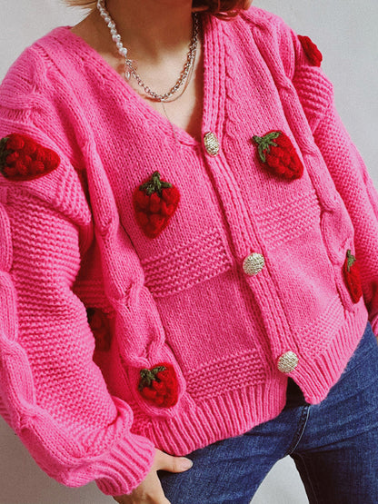 Cardigans- Strawberry Cable Knit Button-Up Cardigan with Playful Embroidery- Chuzko Women Clothing