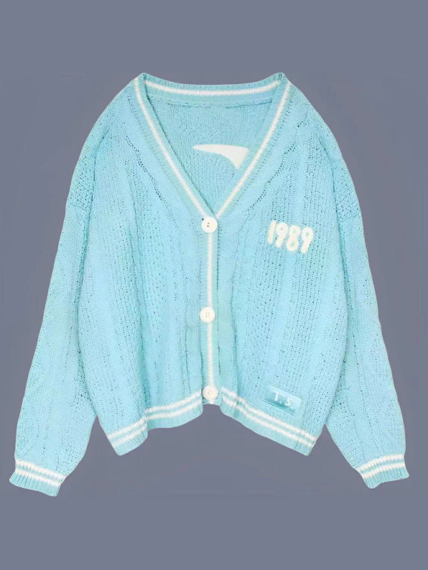 Cardigans- Taylor-Inspired Oversized Button-Up Sweater Cardigan with 1989 Star Embroidery- Chuzko Women Clothing