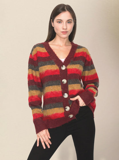 Cardigans- Vintage-Inspired Stripe Knit Wool Blend Grandpa Cardigan- Chuzko Women Clothing