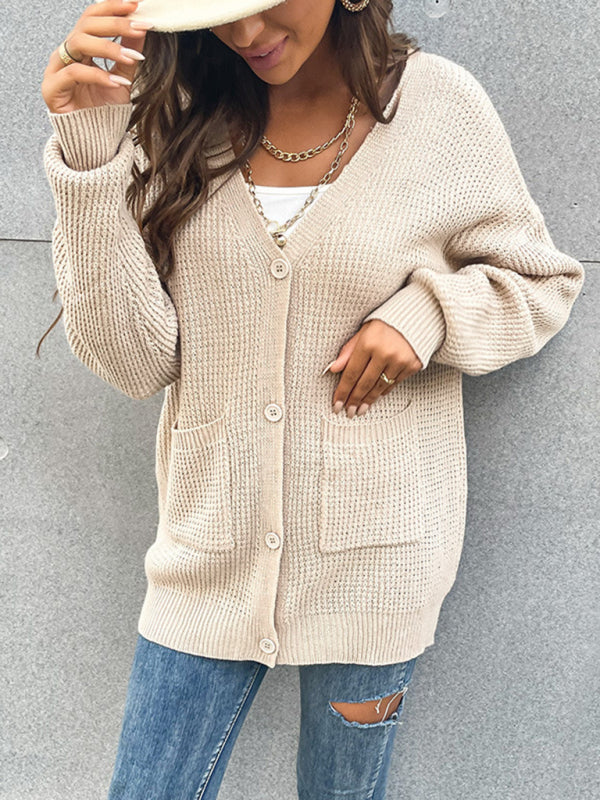Cardigans- Waffle Knitting Button-Up Mid-Length Sweater - Essential Relax Fit Cardigan- Chuzko Women Clothing