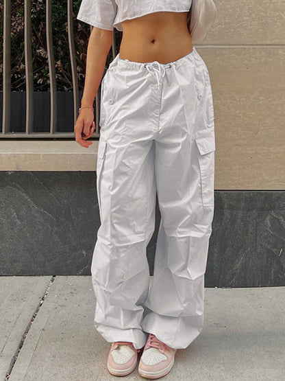 Cargo Pants- Women's Parachute Cargo Pants with Multiple Pockets- White- Chuzko Women Clothing