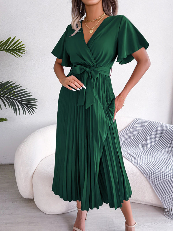 Casual Dresses- Belted Surplice V-Neck Midi Dress in Solid Color- Chuzko Women Clothing
