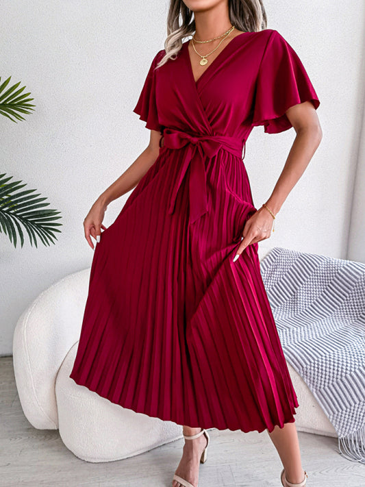 Casual Dresses- Belted Surplice V-Neck Midi Dress in Solid Color- Chuzko Women Clothing