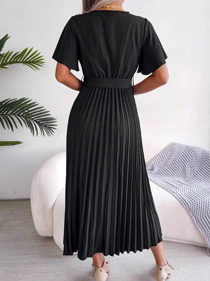 Casual Dresses- Belted Surplice V-Neck Midi Dress in Solid Color- Chuzko Women Clothing