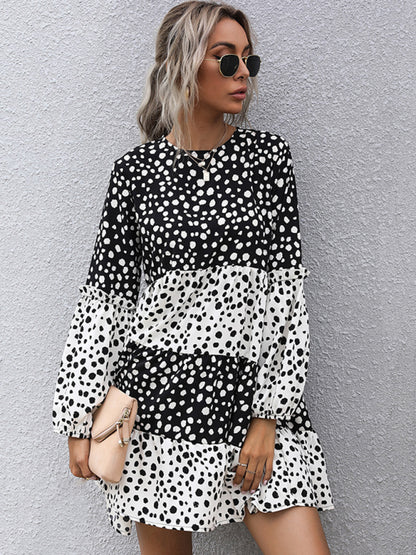 Color Block Dotty Print A-Line Dress with Long Sleeves