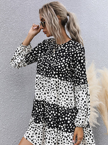 Color Block Dotty Print A-Line Dress with Long Sleeves