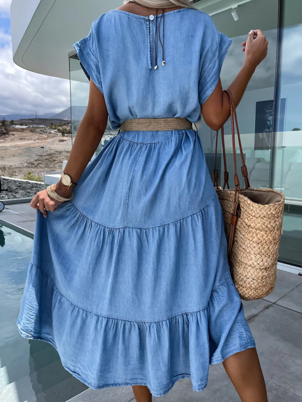 Casual Dresses- Denim-Like Tiered Tunic Dress with Short Sleeves- Chuzko Women Clothing