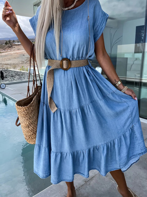 Casual Dresses- Denim-Like Tiered Tunic Dress with Short Sleeves- Chuzko Women Clothing