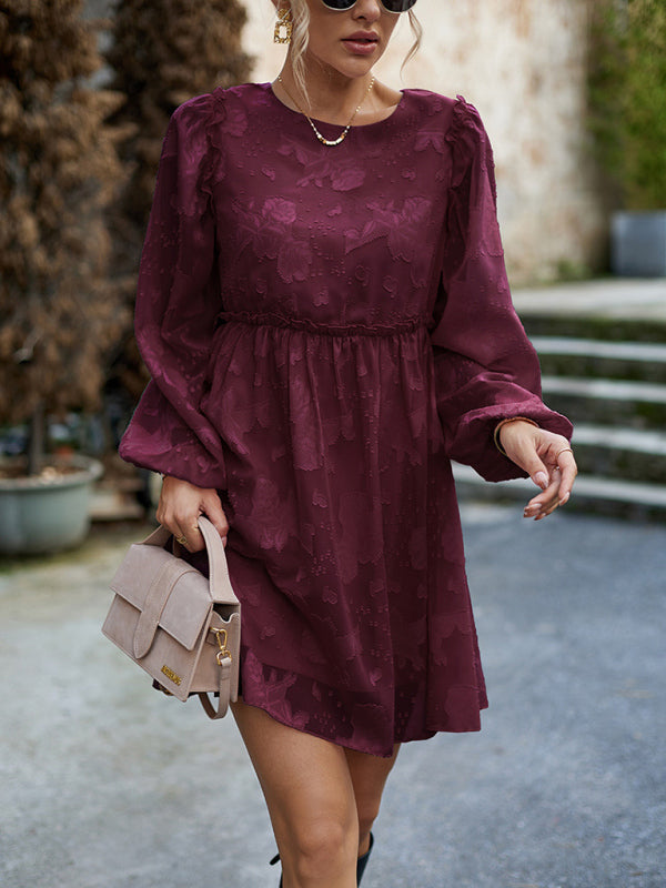 Casual Dresses- Floral Jacquard A-Line Lantern Sleeve Dress with Waist Frill- Chuzko Women Clothing