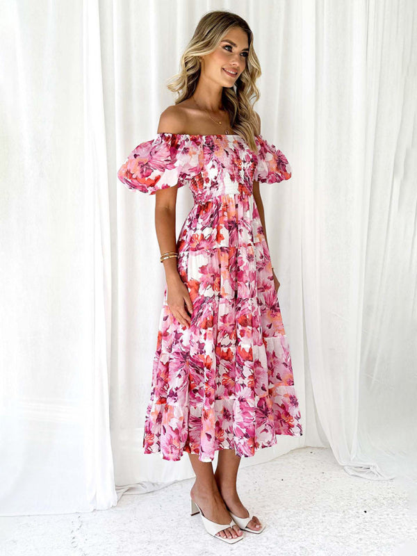 Casual Dresses- Floral Tiered Off Shoulder Smocked A-Line Midi Dress- Chuzko Women Clothing