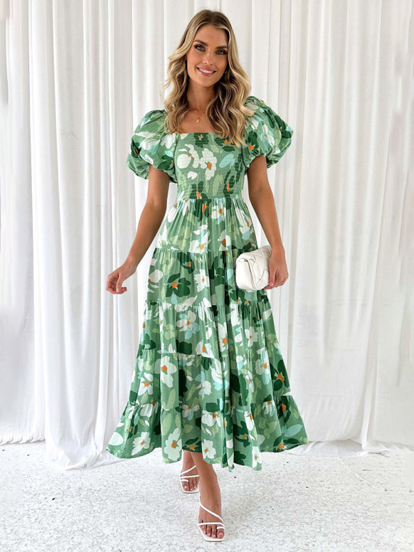 Casual Dresses- Floral Tiered Off Shoulder Smocked A-Line Midi Dress- Chuzko Women Clothing
