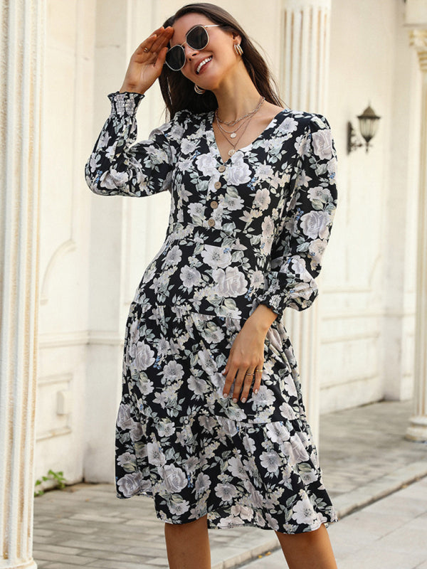 Casual Dresses- Floral Tiered V-Neck Dress with Long Sleeves- Chuzko Women Clothing