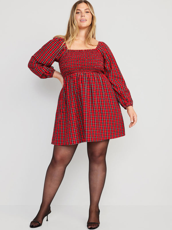 Casual Dresses- Holiday Festive Plaid Square Neck A-Line Dress with Side Pockets- Chuzko Women Clothing