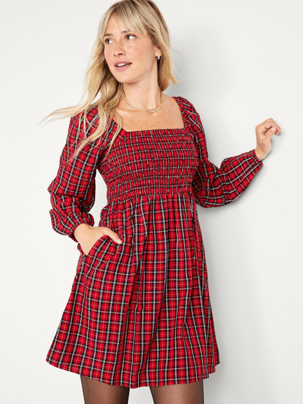 Casual Dresses- Holiday Festive Plaid Square Neck A-Line Dress with Side Pockets- Chuzko Women Clothing
