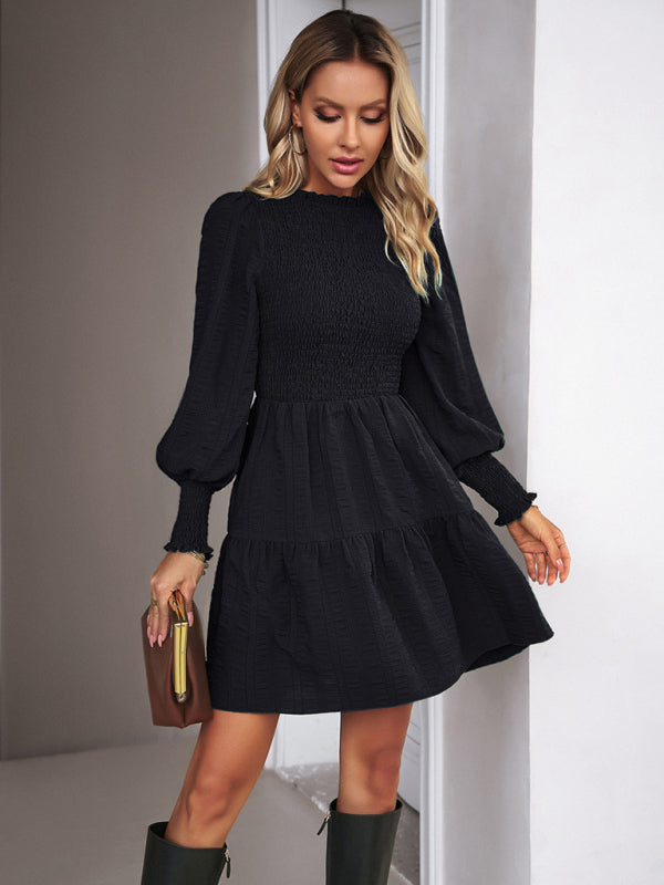 Casual Dresses- Lantern Sleeve Textured A-Line Dress with Smocked Bodice- Chuzko Women Clothing