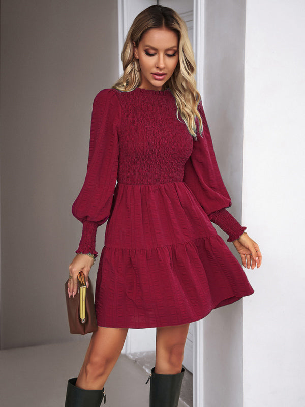 Casual Dresses- Lantern Sleeve Textured A-Line Dress with Smocked Bodice- Chuzko Women Clothing