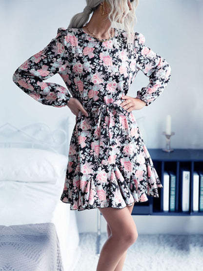 Casual Dresses- Long-Sleeve Belted Mini Dress in Floral Print- Chuzko Women Clothing