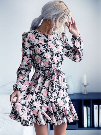 Casual Dresses- Long-Sleeve Belted Mini Dress in Floral Print- Chuzko Women Clothing