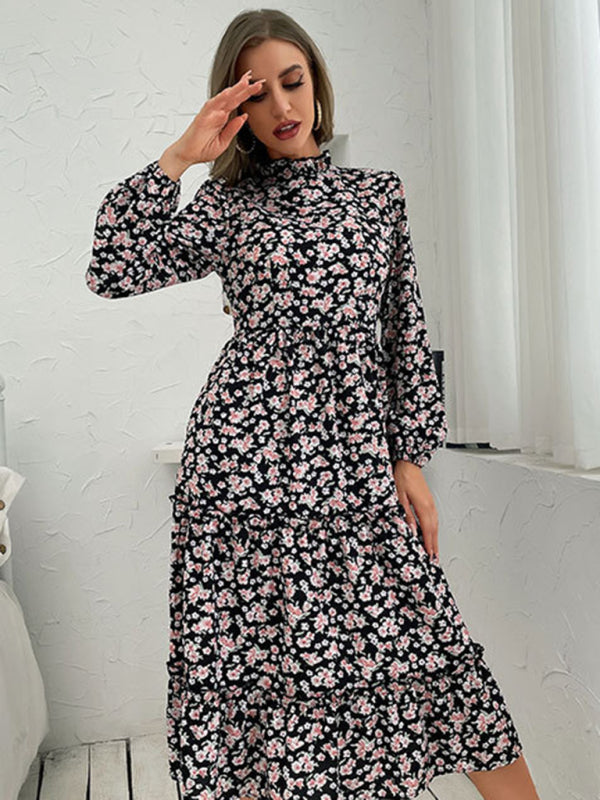Casual Dresses- Long Sleeve Floral Stand Collar Midi Dress with Tiered Ruffles- Chuzko Women Clothing