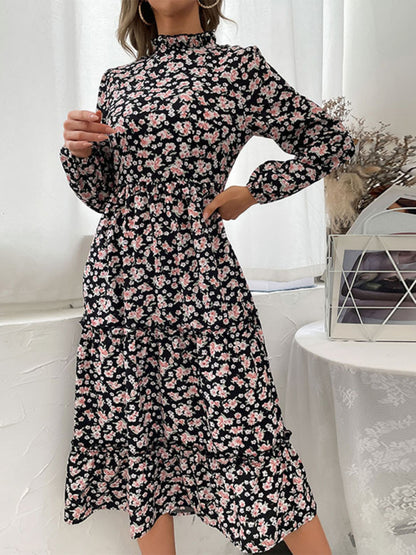 Casual Dresses- Long Sleeve Floral Stand Collar Midi Dress with Tiered Ruffles- Chuzko Women Clothing