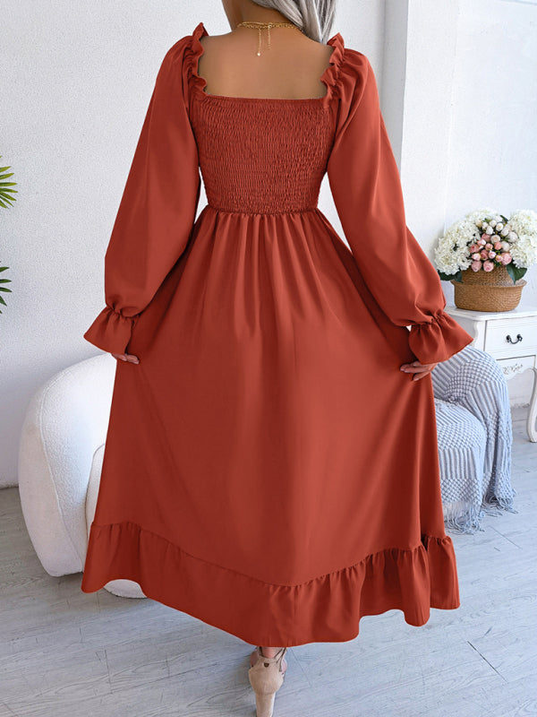 Casual Dresses- Long Sleeves Square Neck Midi Dress in Solid Color with A-Line Fit- Chuzko Women Clothing