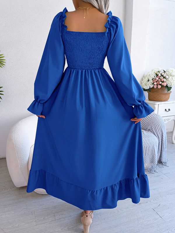 Casual Dresses- Long Sleeves Square Neck Midi Dress in Solid Color with A-Line Fit- Chuzko Women Clothing