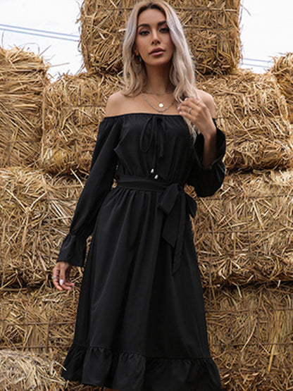 Casual Dresses- Off-The-Shoulder Midi Dress with Tie-Waist and Ruffles- Chuzko Women Clothing