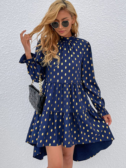 Casual Dresses- Polka Dot High-Low Tiered Dress with Stand Collar- Chuzko Women Clothing