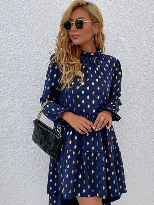 Casual Dresses- Polka Dot High-Low Tiered Dress with Stand Collar- Chuzko Women Clothing
