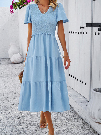 Casual Dresses- Polka Dot Textured Tiered A-Line Smocked Midi Dress with Short Sleeves- Chuzko Women Clothing