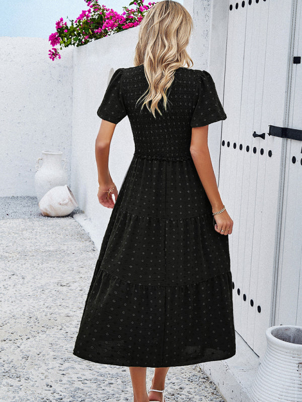 Casual Dresses- Polka Dot Textured Tiered A-Line Smocked Midi Dress with Short Sleeves- Chuzko Women Clothing