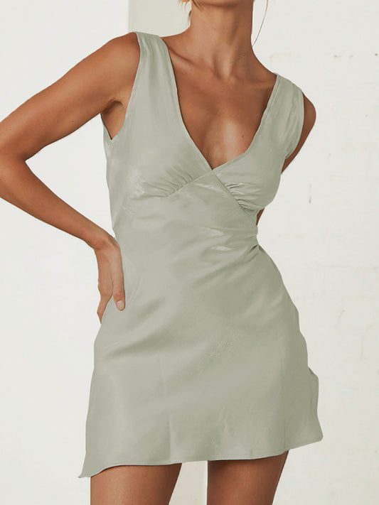 Casual Dresses- Satin Slip Sleeveless V-Neck A-Line Dress with Tie Back- Pale green- Chuzko Women Clothing