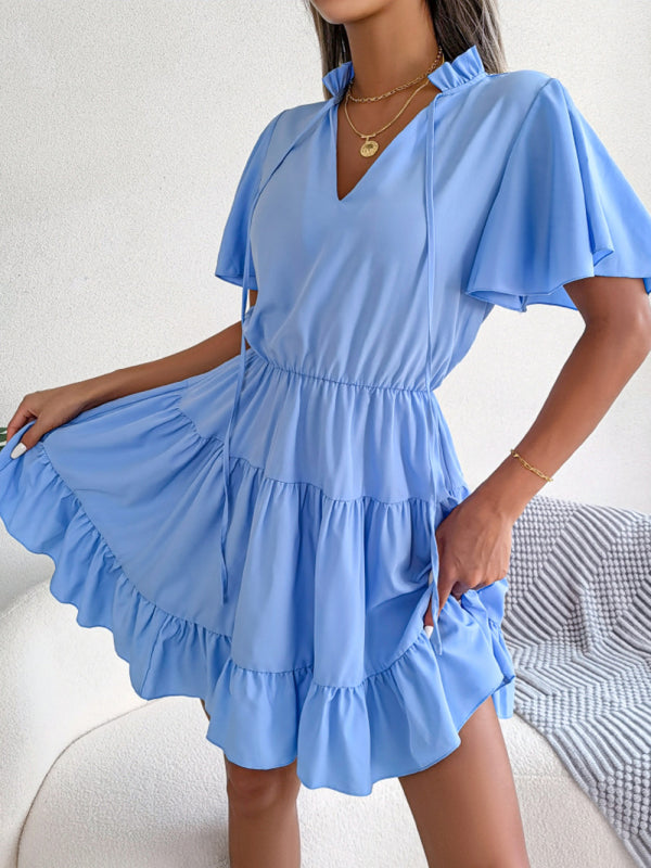 Casual Dresses- Short Sleeve A-Line V-Neck Tiered Dress- Chuzko Women Clothing