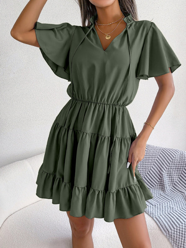 Casual Dresses- Short Sleeve A-Line V-Neck Tiered Dress- Chuzko Women Clothing