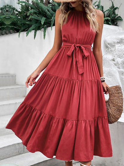 Casual Dresses- Solid Halterneck Tiered Maxi Dress with Tie-Belt- Chuzko Women Clothing