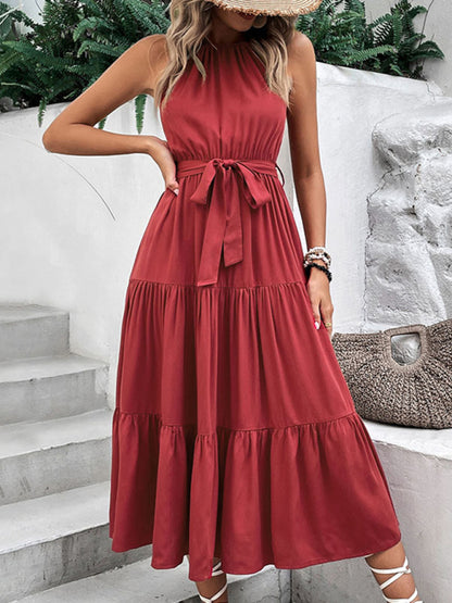 Casual Dresses- Solid Halterneck Tiered Maxi Dress with Tie-Belt- Chuzko Women Clothing