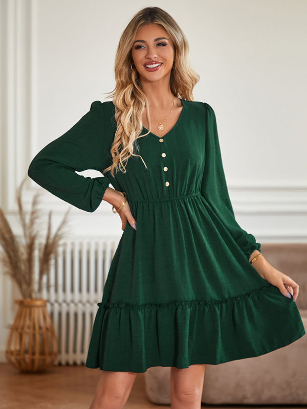 Casual Dresses- Solid Long Sleeve A-Line Dress with Gathered Waist- Chuzko Women Clothing
