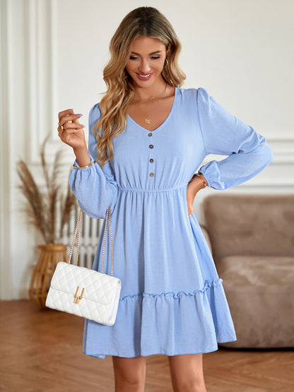 Casual Dresses- Solid Long Sleeve A-Line Dress with Gathered Waist- Chuzko Women Clothing