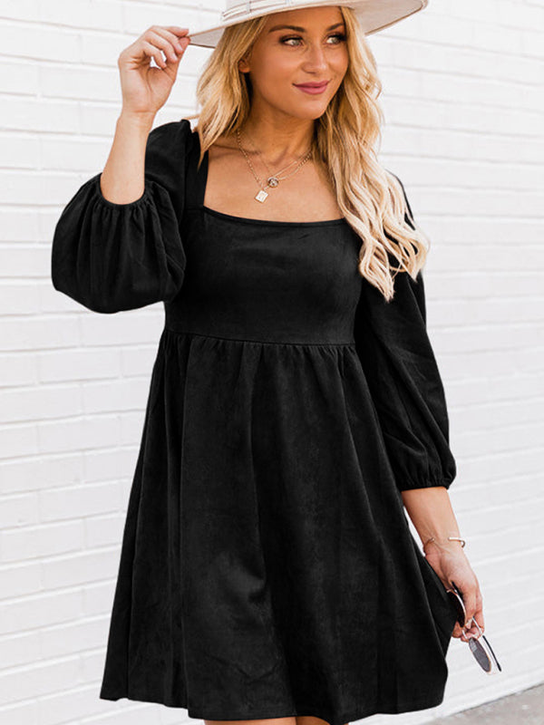 Casual Dresses- Solid Square Neck Empire Dress with Lantern Sleeves- Chuzko Women Clothing