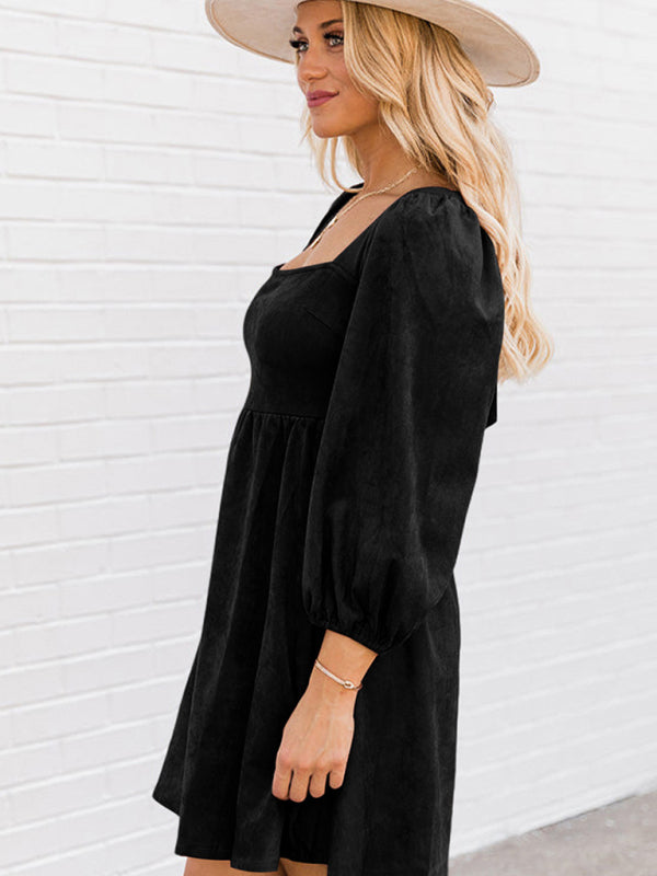 Casual Dresses- Solid Square Neck Empire Dress with Lantern Sleeves- Chuzko Women Clothing