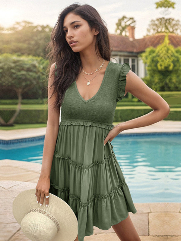 Casual Dresses- Solid Summer Dress with High Waist & Tiered Ruffles- - Chuzko Women Clothing