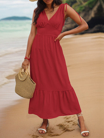 Casual Dresses- Solid V-Neck Sleeveless Midi Dress with Tie-Shoulders- Red- Chuzko Women Clothing