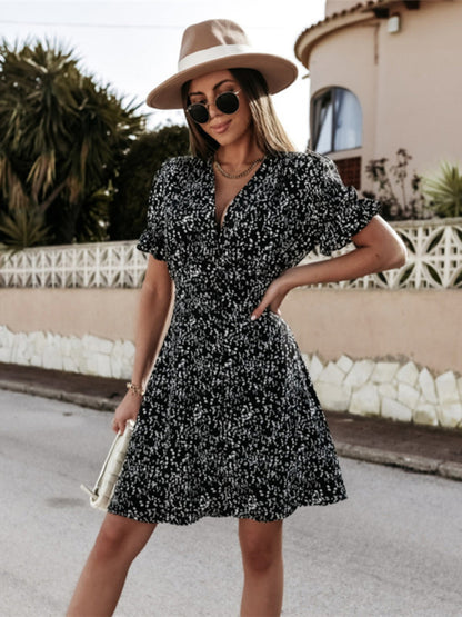 Casual Dresses- Summer Button-Up Puff Sleeve Mini Dress in Chips Print- Chuzko Women Clothing